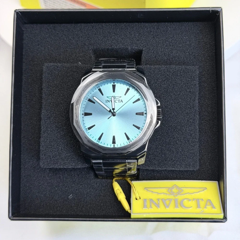 Invicta Mens Watch Blue Sunray Dial Black Stainless Steel Bracelet K-37 New
